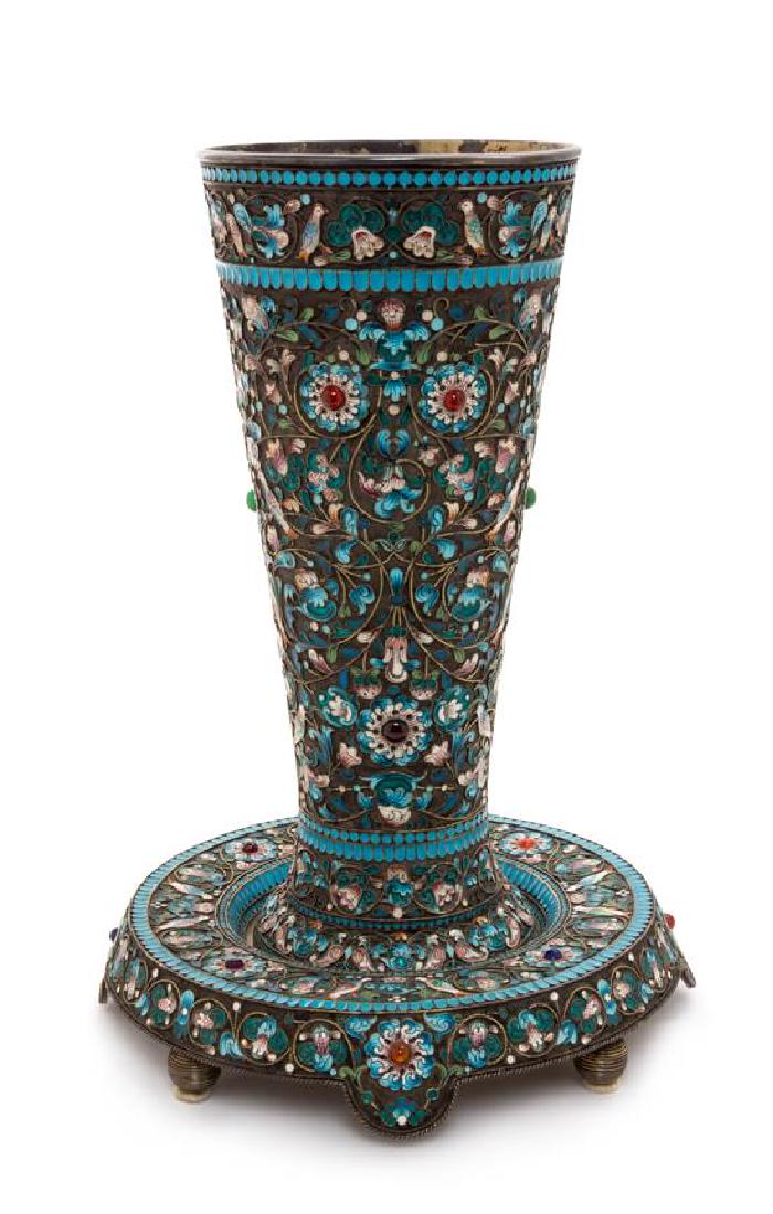A Russian Enameled Silver Vase and Underplate, Mark of: A Russian Enameled Silver Vase and Underplate Mark of Mikail Grachev with an Imperial Warrant, St. Petersburg, Late 19th/Early 20th Century the tapering beaker worked to show floral, foliate and ornit