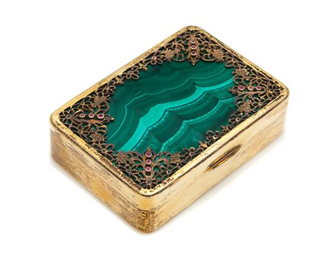 An Italian Malachite and Ruby Inset Silver-Gilt Snuff (1 of 1)