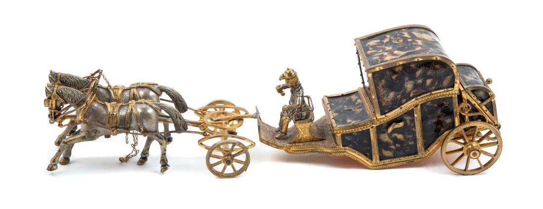 An English Tortoise Shell Veneered Model of a Carriage: An English Tortoise Shell Veneered Model of a Carriage 19th century in two parts. Height 3 7/8 x length 13 1/2 inches. Estimate $800-1,200 Property from an Important Private Collection