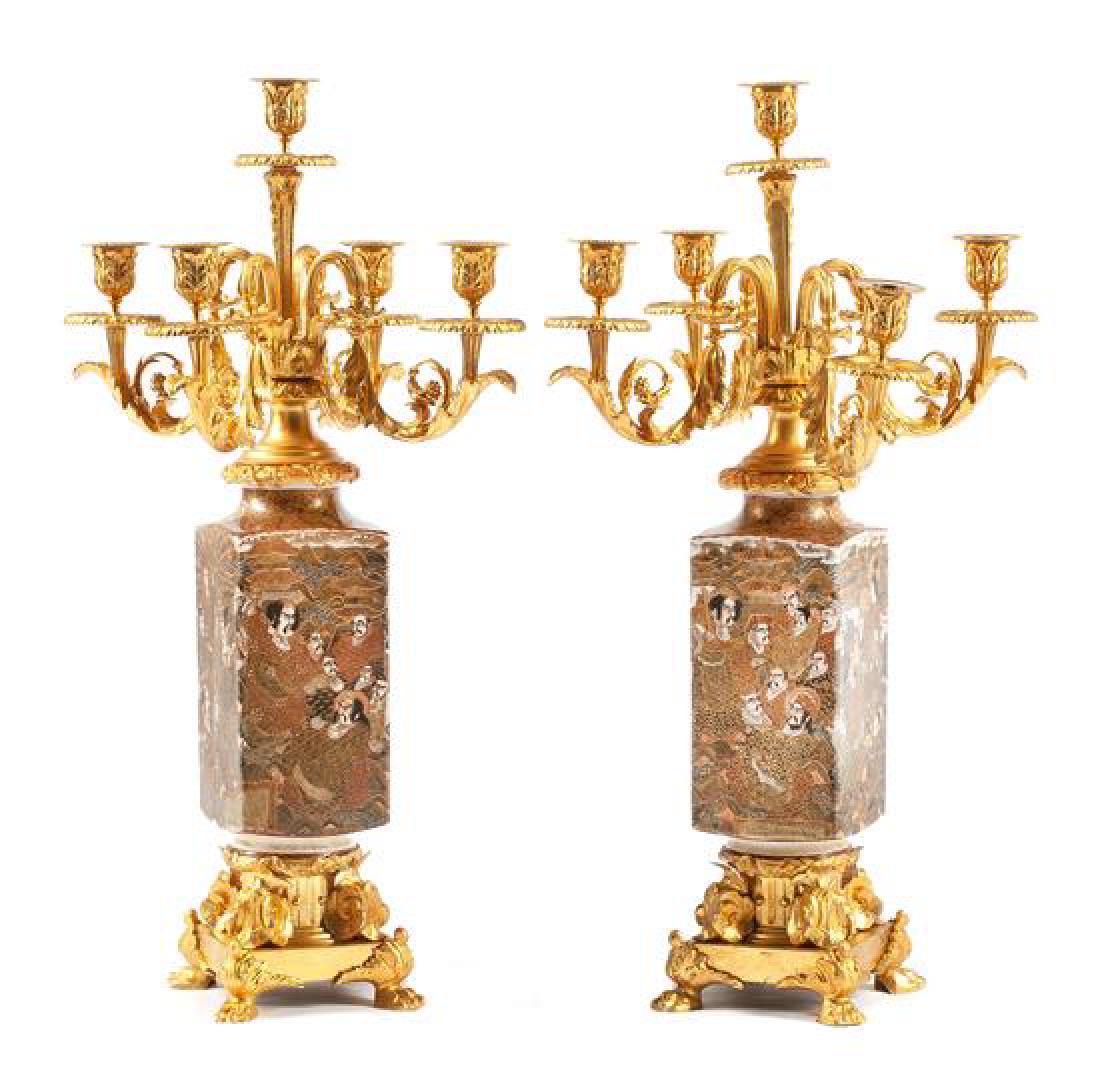 A Pair of Gilt Bronze and Satsuma Porcelain Candelabra (1 of 1)