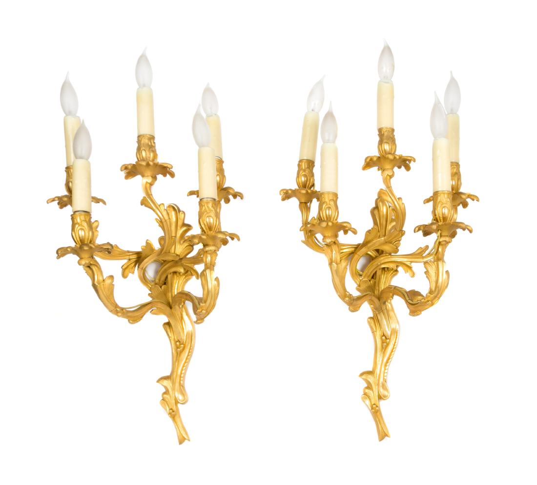 A Pair of Louis XV Style Gilt Bronze Five-Light Sconces (1 of 1)