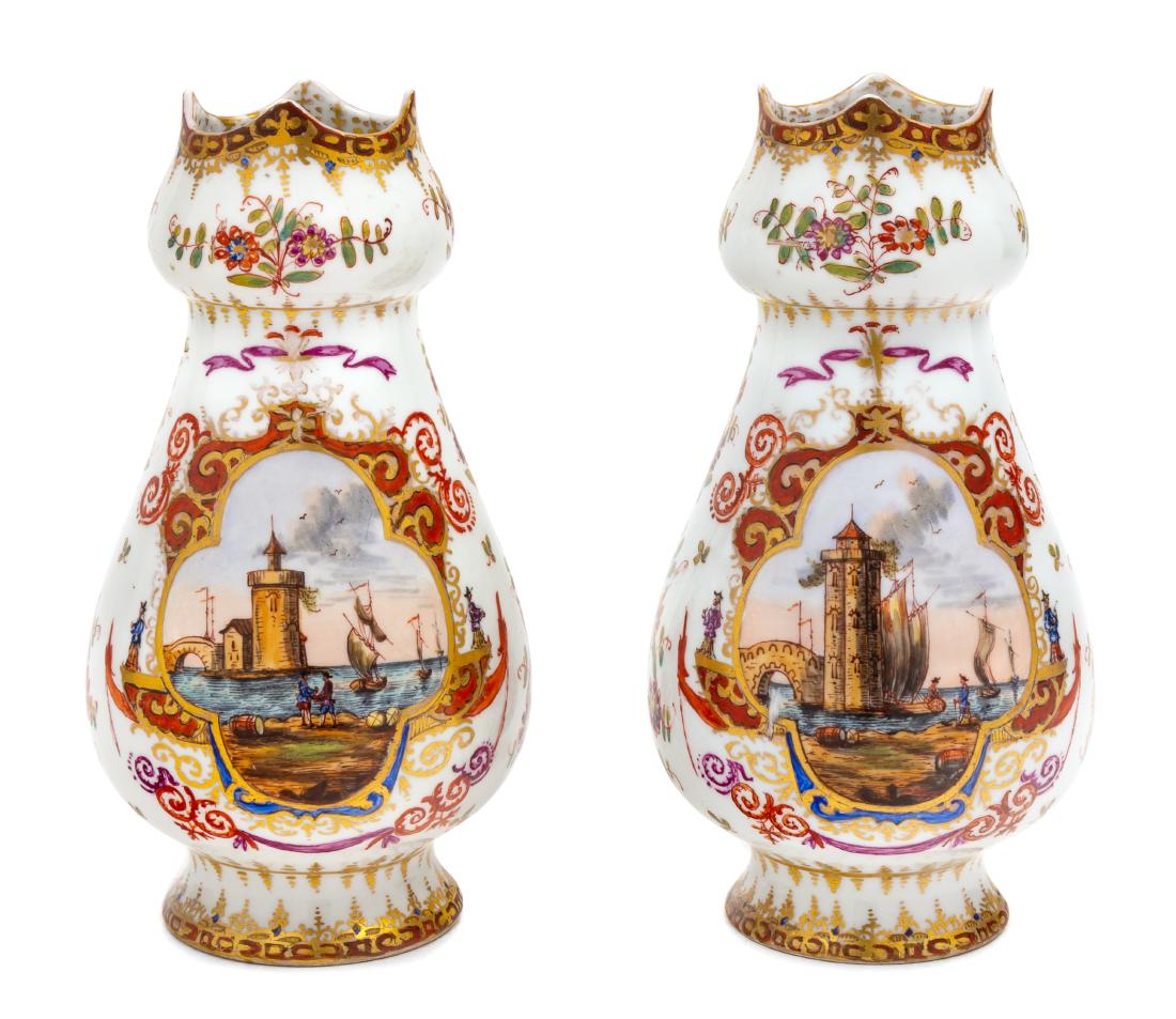 A Pair of Dresden Painted Porcelain Vases Height 9 1/2 (1 of 2)