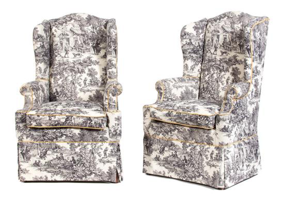 A Pair of Toile Upholstered Armchairs: A Pair of Toile Upholstered Armchairs 20th century Height 51 x width 31 x depth 26 inches. Estimate $300-500 Property from the Estate of Ian MacKay Kean, 2 Via Mizner, Palm Beach, FL