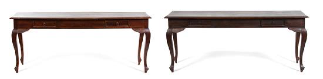 A Near Pair of French Provincial Style Console Tables: A Near Pair of French Provincial Style Console Tables 20th century having a dark varnish. Height 30 x width 70 1/2 x depth 19 1/2 inches. Estimate $400-600 Property from the Estate of Ian MacKay Kean,
