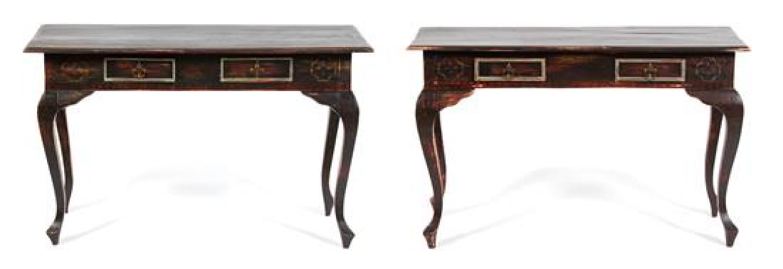 A Pair of Mizner Style Painted Console Tables: A Pair of Mizner Style Painted Console Tables 20th century Height 29 x width 44 x depth 19 inches. Estimate $400-600 Property from the Estate of Ian MacKay Kean, 2 Via Mizner, Palm Beach, FL