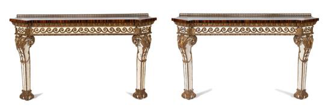 A Pair of Italian Parcel Gilt and Inlaid Top Console: A Pair of Italian Parcel Gilt and Inlaid Top Console Tables 19th century having rosewood inlaid top mounted with bronze gallery, giltwood frieze and raised on legs decorated with acanthus forms. Heigh