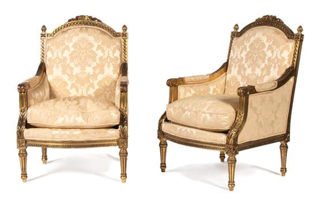 A Pair of Louis XVI Style Carved and Painted Bergeres (1 of 1)