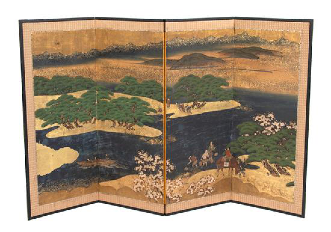 A Pair of Japanese Painted and Gilded Four-Fold Screens (1 of 2)