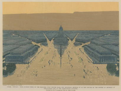[ARCHITECTURE] -- BURNHAM, Daniel H. -- Edward H.: [ARCHITECTURE] -- BURNHAM, Daniel H. and Edward H. BENNETT. Jules GUERIN, illustrator. [ Plan of Chicago. Chicago: The Commercial Club, 1909.] A group of 8 chromolithographed prints. I. Bird's-eye vie