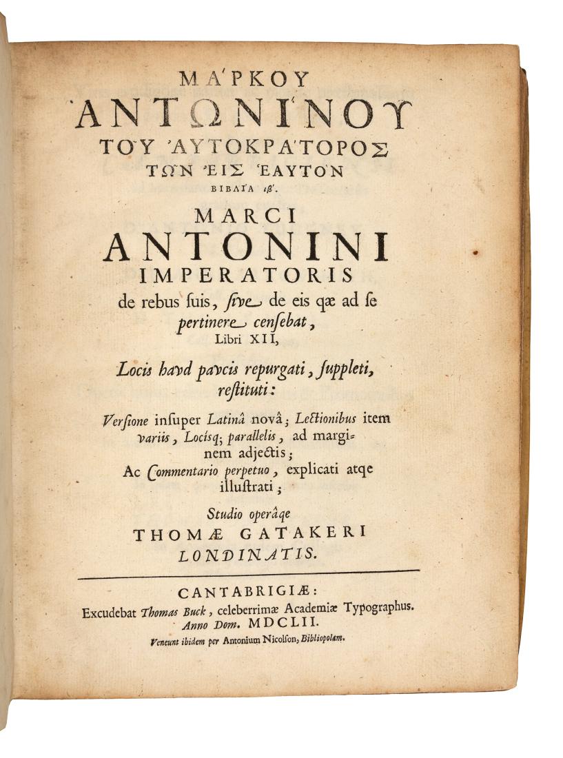 MARCUS AURELIUS ANTONINUS (121-180). Markou Antoninou: MARCUS AURELIUS ANTONINUS (121-180). Markou Antoninou tou autokratoros ton eis heauton biblia 12. = Marci Antonini imperatoris de rebus suis, sive de eis qæ ad se pertinere censebat, libri XII...