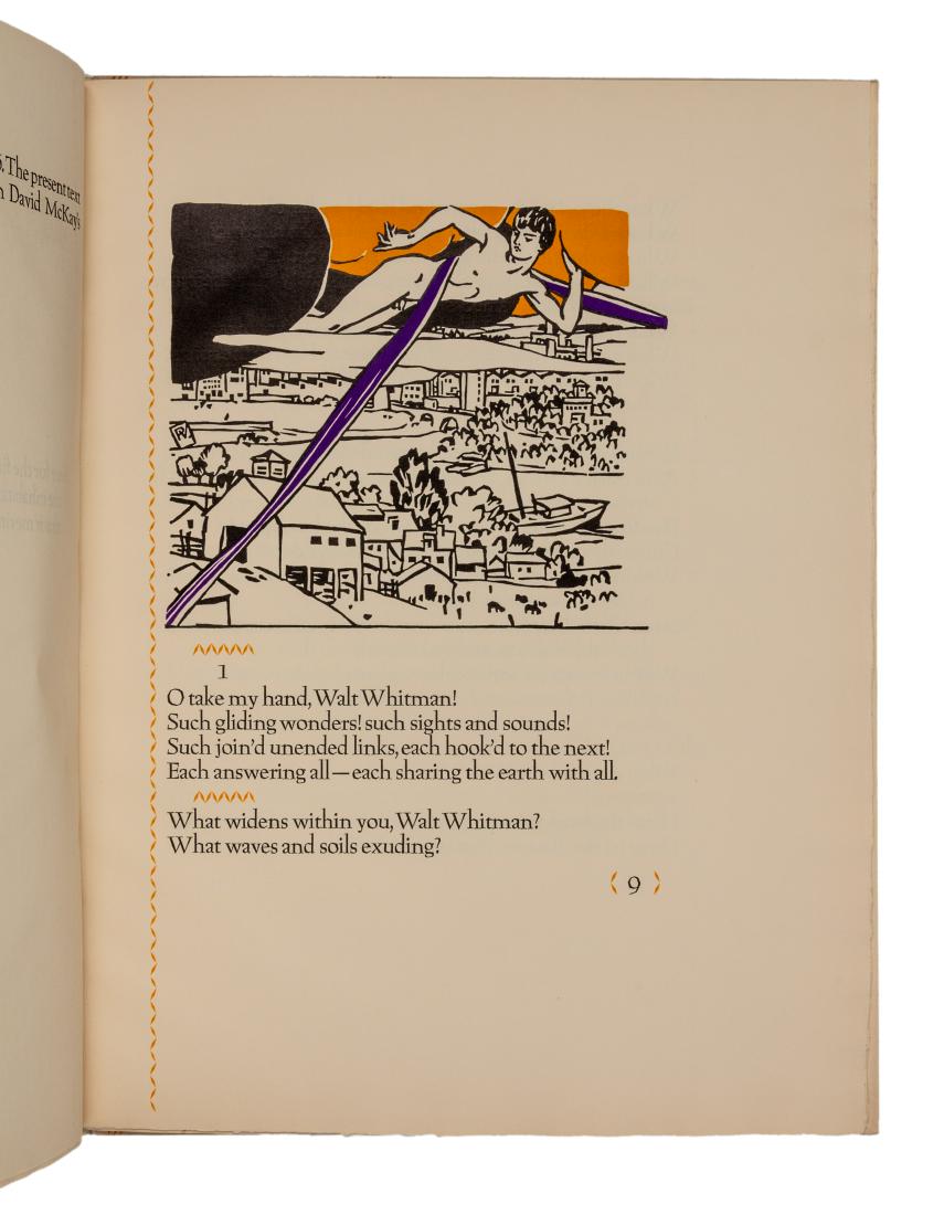 WHITMAN, Walt (1819-1892). Salut Au Monde! From "Leaves: WHITMAN, Walt (1819-1892). Salut Au Monde! From "Leaves of Grass". New York: Random House Inc., 1930. Folio (360 x 290 mm). Illustrated with 3 linoleum cuts by Vojtech Preissig. text and linoleum cuts
