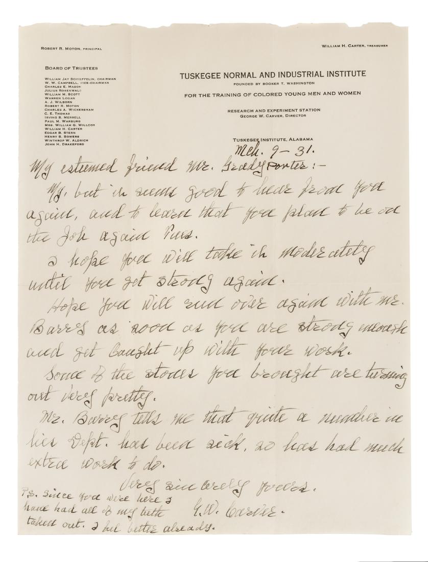 * CARVER, George Washington. Autographed letter signed: * [NOTABLE AMERICAN FIGURES]. A group of 5 manuscripts, comprising: CARVER, George Washington (1864-1943). Autograph letter signed ("G.W. Carver"), to Mr. Grady Porter of the Tom Huston Peanut Company