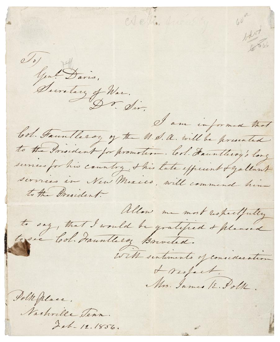 POLK, Sarah Childress (1803-1891), First Lady.: POLK, Sarah Childress (1803-1891), First Lady. Autograph letter signed ("Mrs James K. Polk"), Polk Place, Nashville, TN. To General Jefferson Davis, Secretary of War, 12 February 1856. 1 page, 4to, ma