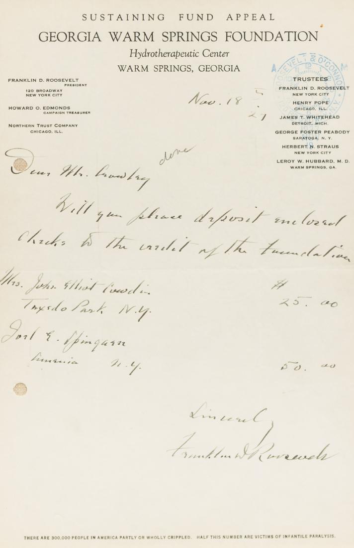 * ROOSEVELT, Franklin Delano (1882-1945). Autographed (1 of 4)