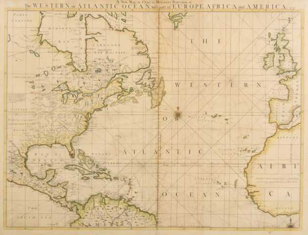 HERBERT, William (1718-1795) and John SENEX (1678-1740): HERBERT, William (1718-1795) and John SENEX (1678-1740)A New Map, or Chart in Mercator's Projection, of The Western or Atlantic Ocean, with part of Europe, Africa and America. London, 1757. Engraved m