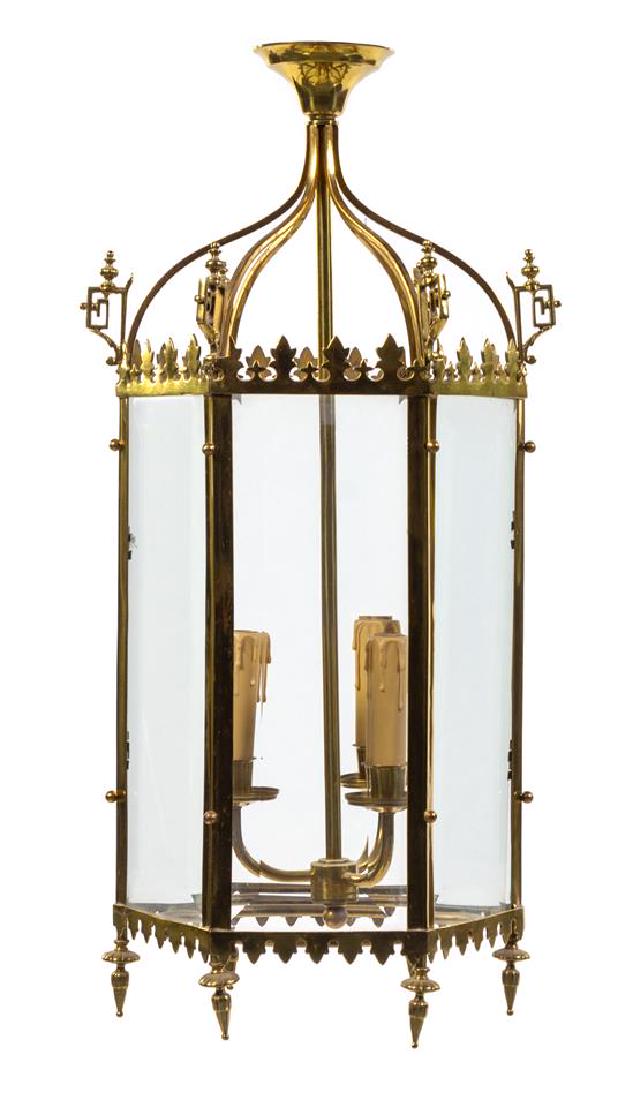 A Brass Three-Light Hall Lantern Height 48 inches. (1 of 1)