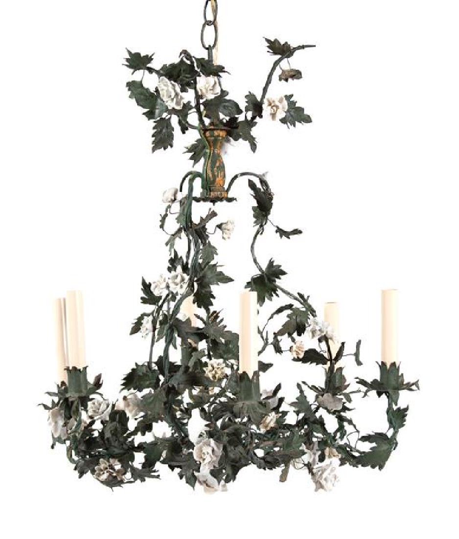 French Porcelain-Mounted Tole Six-Light Chandelier and (1 of 2)