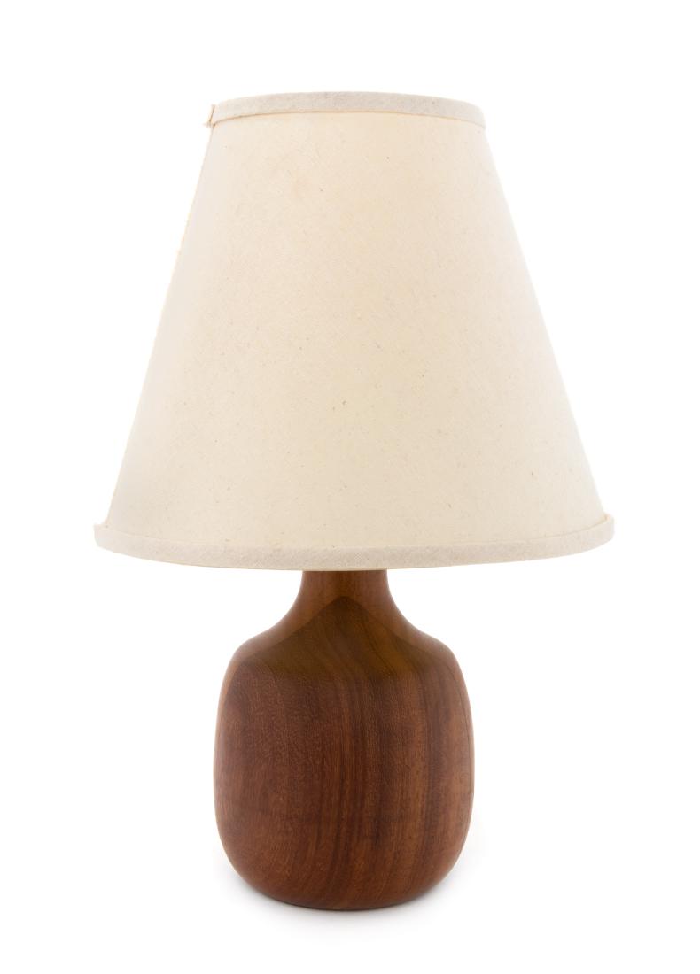 Gordon and Jane Martz, Attribution, (American,: Gordon and Jane Martz, Attribution (American, 1924-2015 | 1929-2007) Staved Wood Table Lamp Marshall Studios, USA walnut, brass, linen Height to top of shade 16 inches