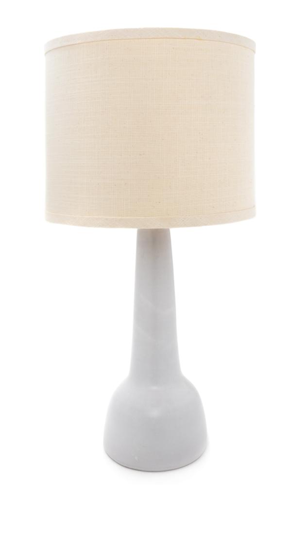 Gordon and Jane Martz, (American, 1924-2015 |: Gordon and Jane Martz (American, 1924-2015 | 1929-2007) Matte Glaze Table Lamp Marshall Studios, USA glazed stoneware, linen, brass signed Martz to lower edge Height to top of finial 23 inches