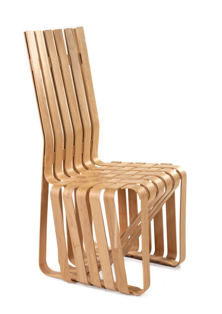 Frank Gehry, (Canadian, b. 1929), High Sticking Chair: Frank Gehry (Canadian, b. 1929) High Sticking Chair Knoll, USA bent and laminated maple branded manufacturer's marks to underside Height 43 1/2 x width 20 x depth 24 inches