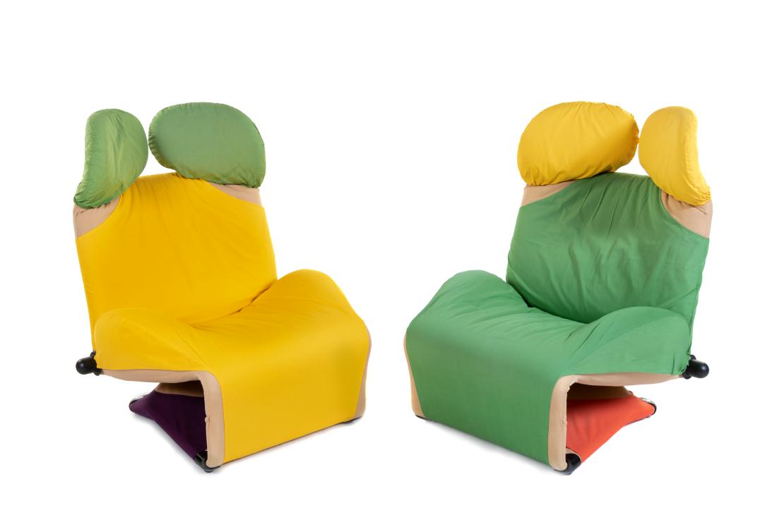 Toshiyuki Kita, (Japanese, b. 1942), Wink Chairs, Pair: Toshiyuki Kita (Japanese, b. 1942) Wink Chairs, Pair Cassina, Italy upholstery, leather, steel Height 40 x width 32 1/2 x depth 53 inches