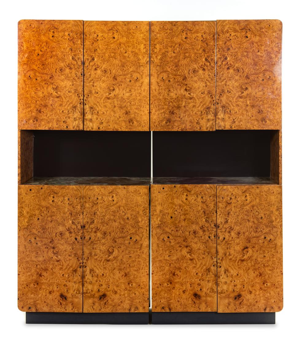Pace, American, Mid 20th Century, Illuminated Bar in: Pace American, Mid 20th Century Illuminated Bar in Two Parts lacquered burl-walnut, stone, ebonized wood Height 84 1/4 x width 73 1/4 x depth 18 inches