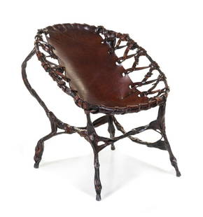 Sido and Francois Thevenin, (French, 1934-1986 |: Sido and Francois Thevenin (French, 1934-1986 | 1931-2016) Sling Chair Sawaya & Moroni, France, 1989 wrought iron, leather embossed to leather SFT Francois Sawaya Moroni Height 25 x width 21 x depth 1