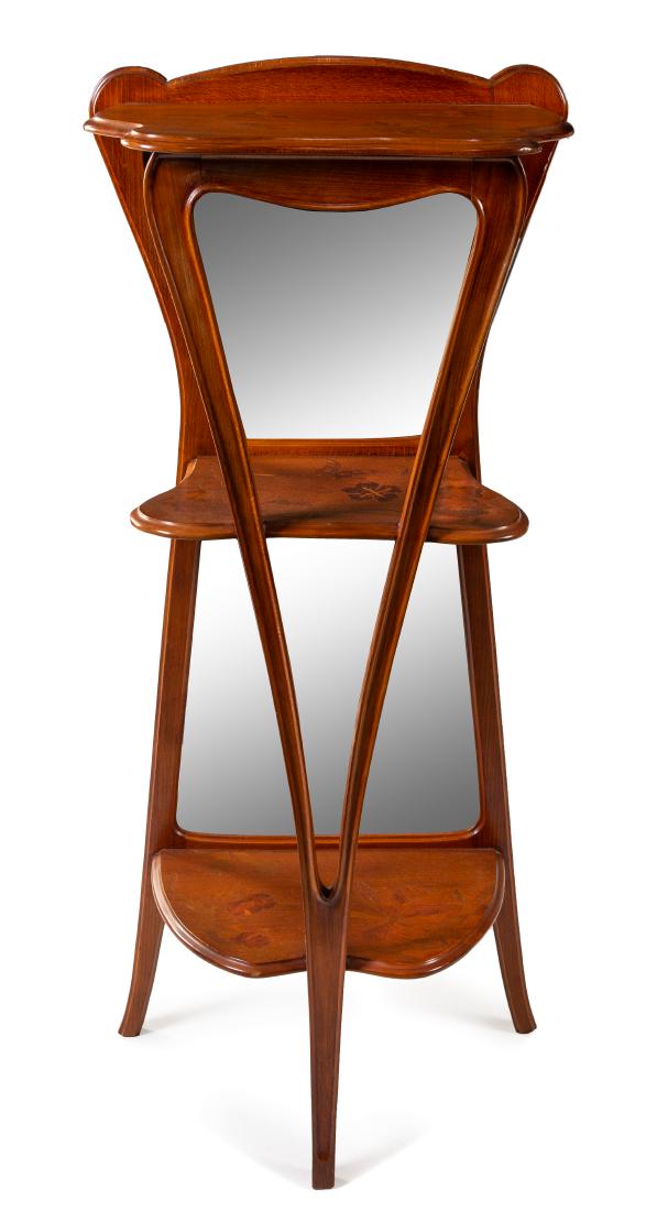Paul Guth, (French, 20th Century), Three-Tiered Etagere: Paul Guth (French, 20th Century) Three-Tiered Etagere fruitwood, mixed woods, mirrored glass signed Guth Nancy in marquetry Height 51 1/2 x width 20 1/2 inches