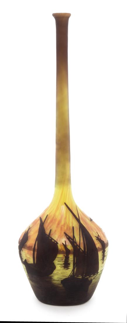 Daum, France, Early 20th Century, Cameo Bottle Form: Daum France, Early 20th Century Cameo Bottle Form Vase with Boat Scene glass signed DAUM NANCY in cameo Height 16 inches