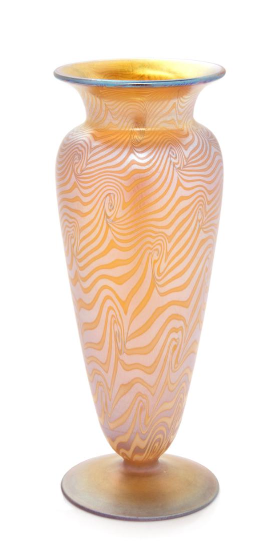 Durand, American, Early 20th Century, A King Tut Footed: Durand American, Early 20th Century A King Tut Footed Vase glass etched Durand to underside Height 8 x diameter 3 inches