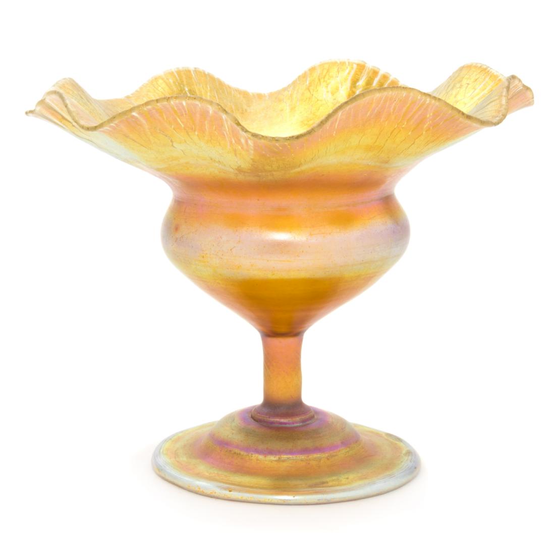 Tiffany Studios, American, Early 20th Century, Pedastal: Tiffany Studios American, Early 20th Century Pedastal Bowl Favrile glass signed L.C. Tiffany - Favrile 3649 D Height 5 1/2 inches