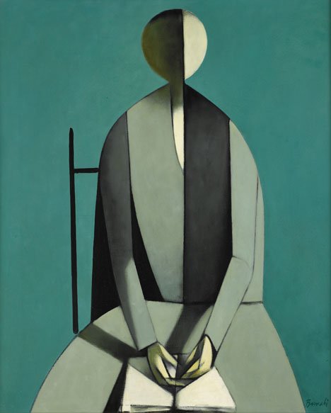 DUILIO BARNABÉ, (ITALIAN 1914-1961), SEATED FIGURE: DUILIO BARNABÉ (ITALIAN 1914-1961) SEATED FIGURE WITH BOOK Signed 'Barnabe' bottom right, inscribed 'No. 80**' on stretcher, oil on canvas 39 3/8 x 31 15/16 in. (100 x 81.1cm) PROVENANCE: Private Col