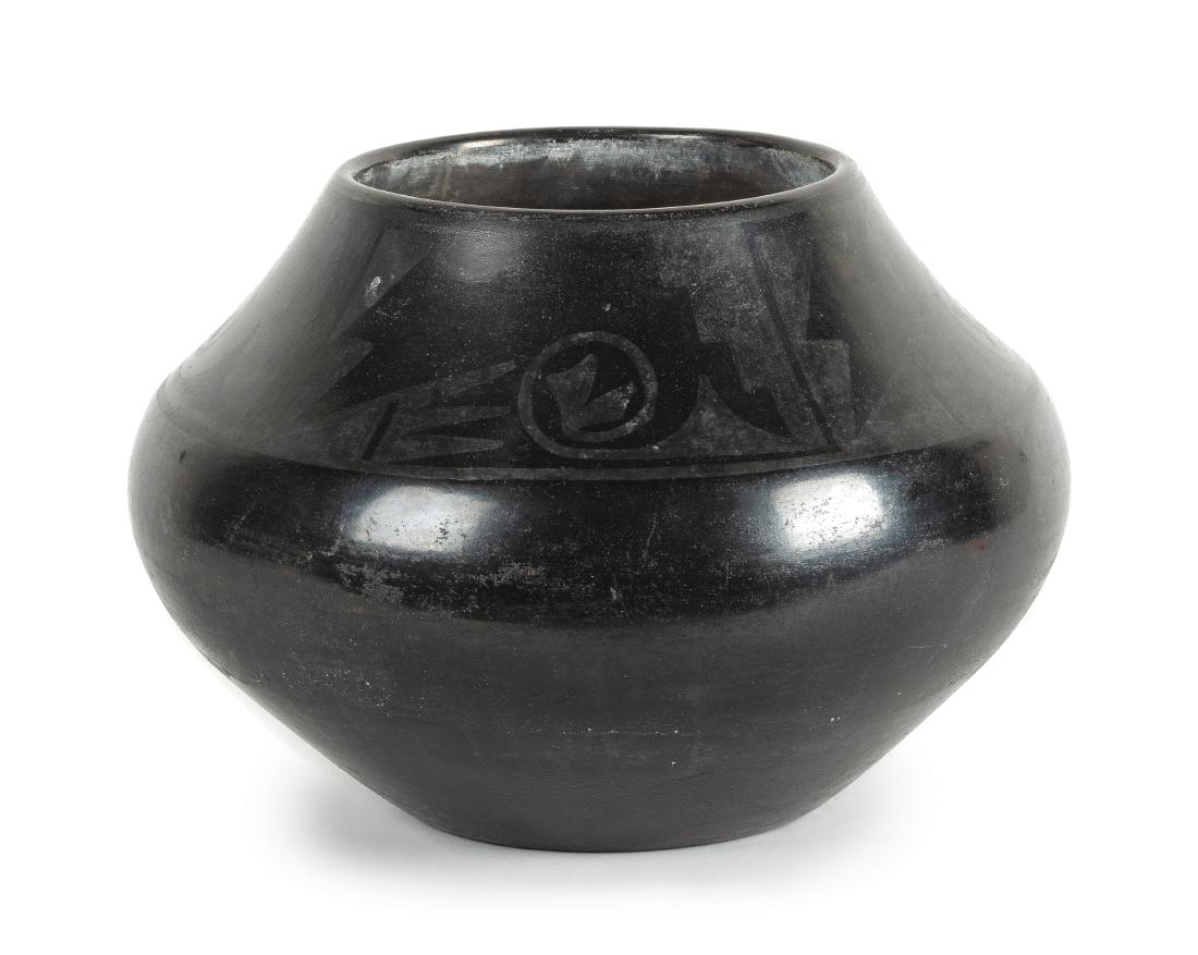 Maria Martinez and Santana Martinez Height 6 1/2 x 9: Maria Martinez and Santana Martinez Height 6 1/2 x 9 1/2 inches (San Ildefonso, 1887-1980/1909-2002) black on black pot, signed Maria & Santana Property from the Collection of Bill Heuter and Jill Kop