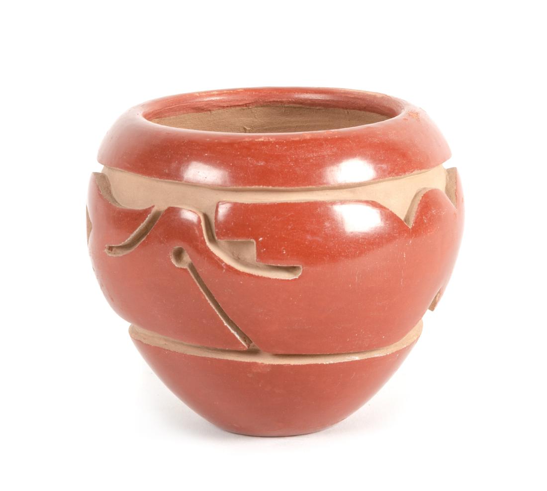 Mida Tafoya Height 4 1/4 x 5 1/2 inches: Mida Tafoya Height 4 1/4 x 5 1/2 inches (Santa Clara Pueblo, b. 1931) carved redware bowl, signed Mida Tafoya Property from the Collection of Bill Heuter and Jill Kopatich, Colgate, Wisconsin