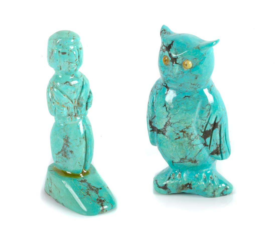 Two Carved Turquoise Figures Height 3 3/4 inches (1 of 1)