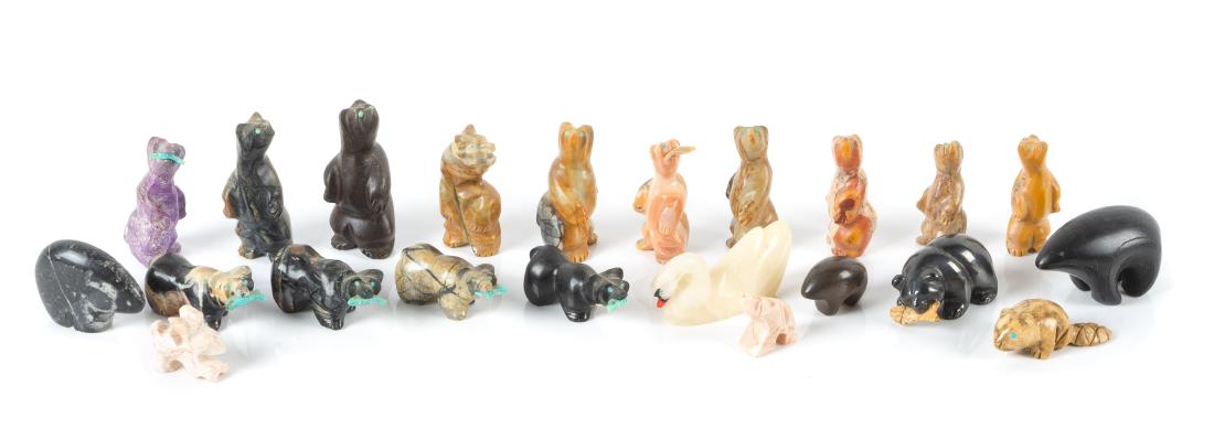 Group of Southwestern Carved Stone Fetishes Height of: Group of Southwestern Carved Stone Fetishes Height of largest 2 inches primarily depicting bears, 22 total