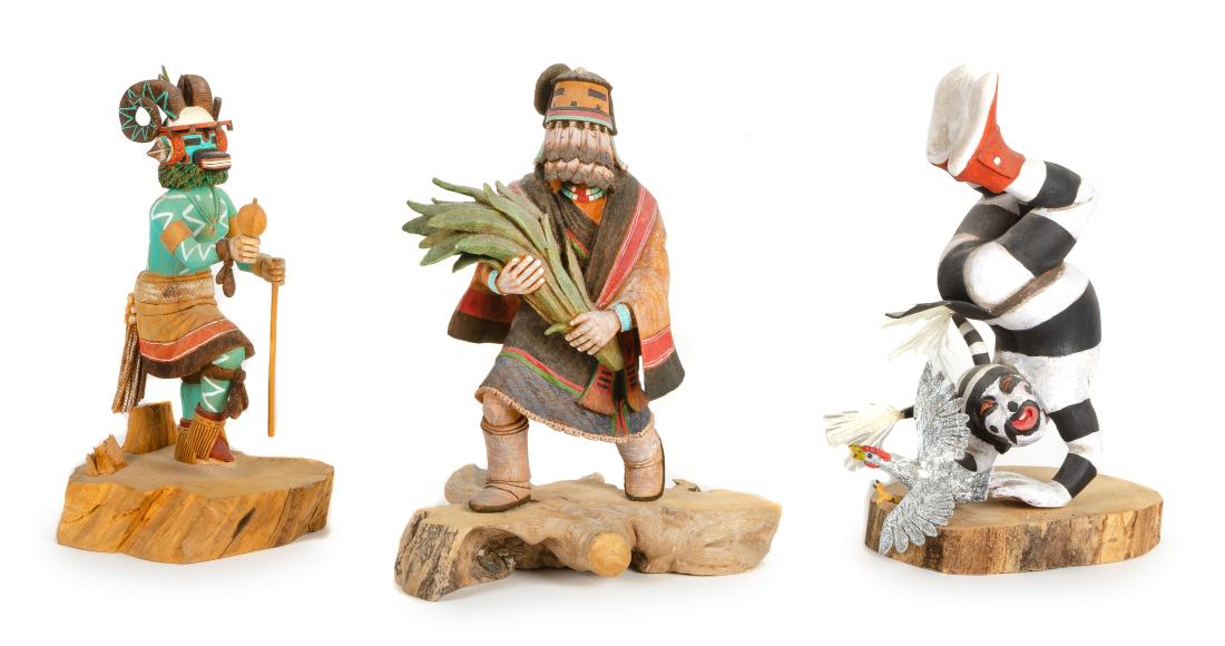 Artist Unknown Height of tallest 12 inches x 9 1/2: Artist Unknown Height of tallest 12 inches x 9 1/2 inches (Hopi, 20th Century) Group of Three Kachinas, signed illegibly Property from the Collection of Joan and Ron Harris Jackson, Wyoming