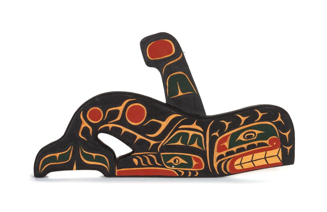 Cecil Dawson 9 x 16 inches: Cecil Dawson 9 x 16 inches (Kwakuitl, 20th Centutry) Killer Whale carved wood polychome, signed and titled (verso)