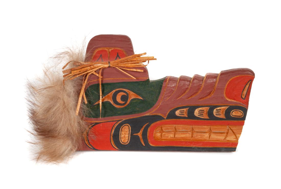 Cecil Dawson 9 1/2 x 12 inches: Cecil Dawson 9 1/2 x 12 inches (Kwakuitl, 20th Century) Bear polychrome, wood carving signed and titled (verso)