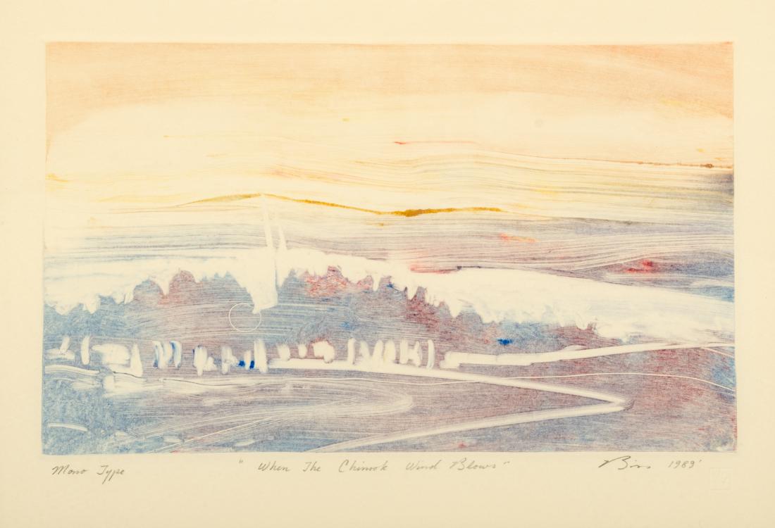Earl Biss 11 x 16 inches: Earl Biss 11 x 16 inches (American, 1947-1998) When the Chimrock Wind Blows, monotype, signed Biss 1989 (lower right)