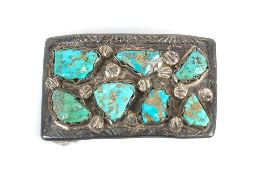 Southwestern Silver and Turquoise Belt Buckle Height 1: Southwestern Silver and Turquoise Belt Buckle Height 1 1/4 x width 3 inches