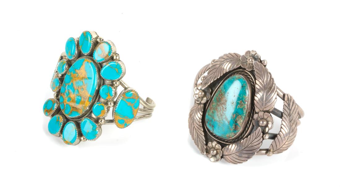 Two Southwestern Silver and Turquoise Bracelets Length (1 of 1)