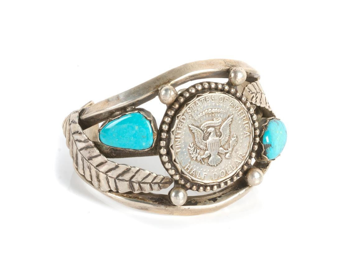 Southwestern Silver and Turquoise Half Dollar Cuff (1 of 1)