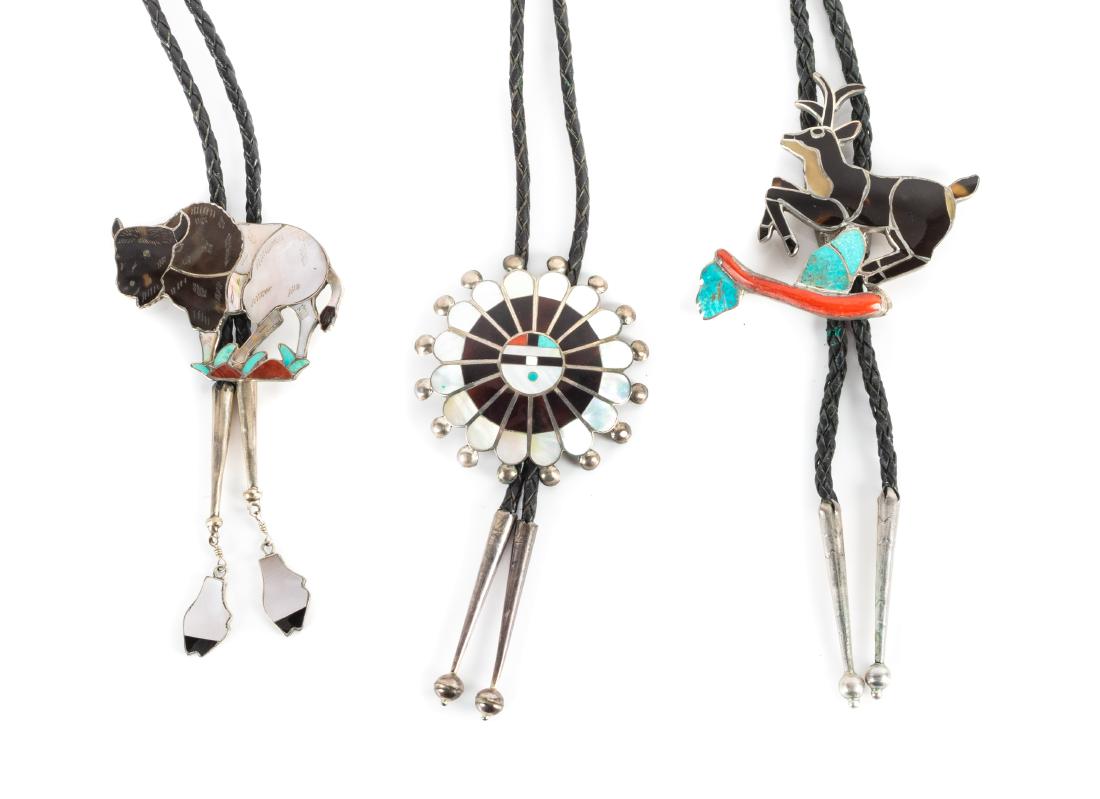 Three Zuni Silver and Multi-Stone Inlay Bolos Height of (1 of 1)