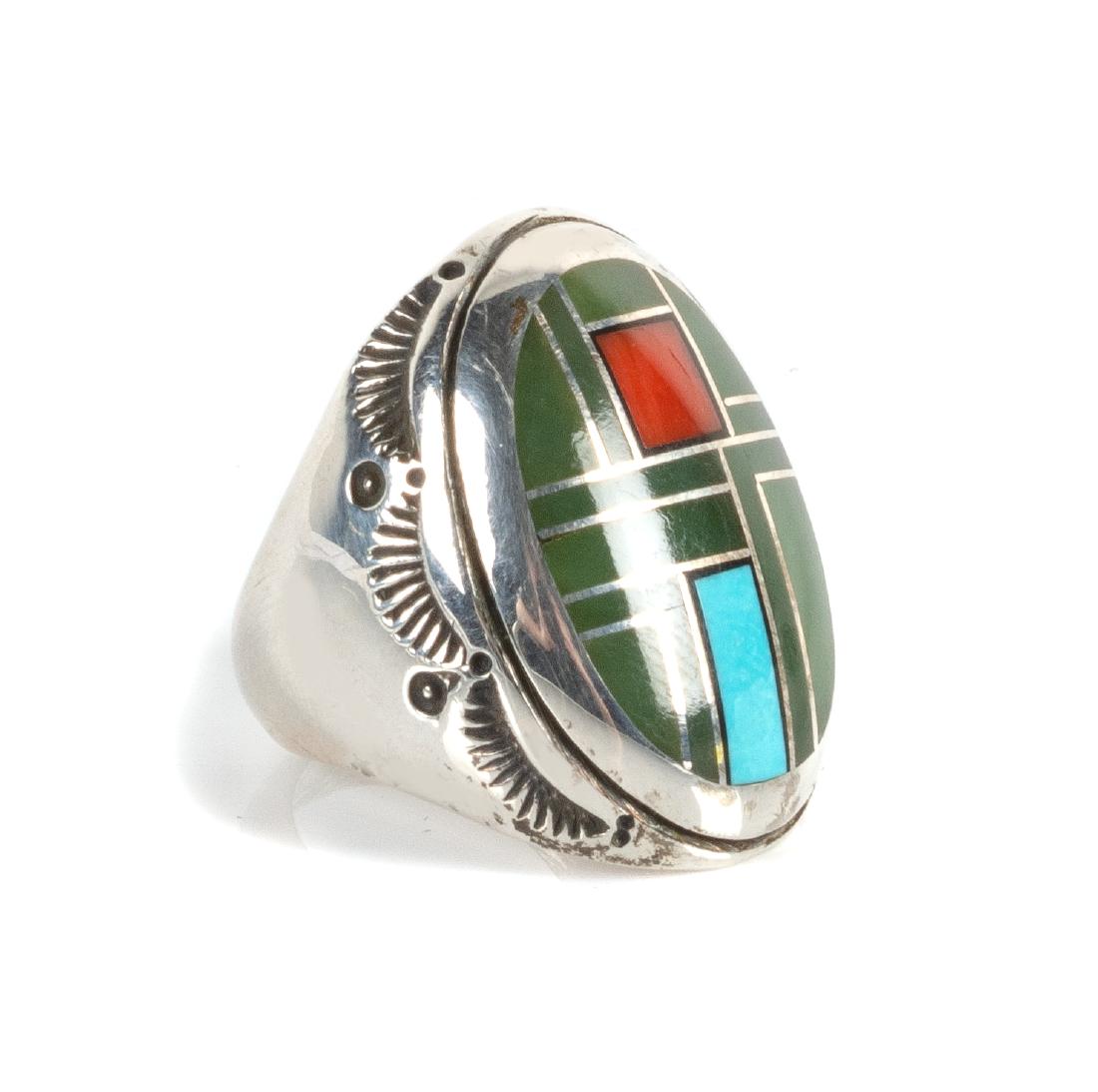Navajo Silver Flush Inlay Men's Ring: Navajo Silver Flush Inlay Men's Ring stamped illegibly, but likely R Benally Sterling
