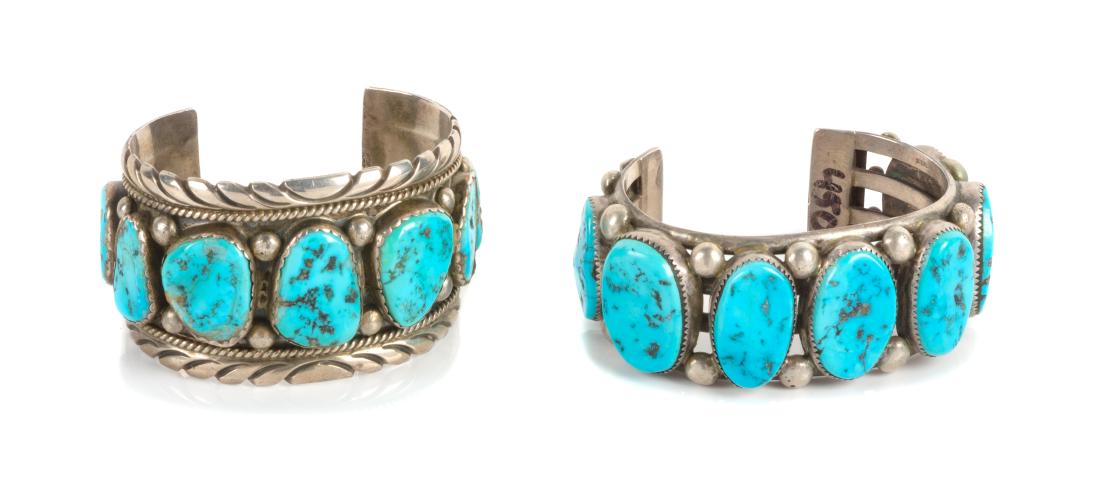 Two Southwestern Silver and Turquoise Cuff Bracelets (1 of 1)
