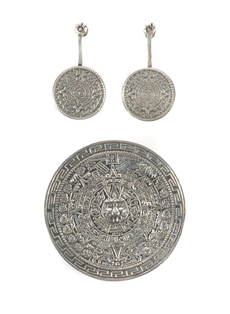 Mexican Silver Brooch and Earrings Diameter 2 1/8 (1 of 1)