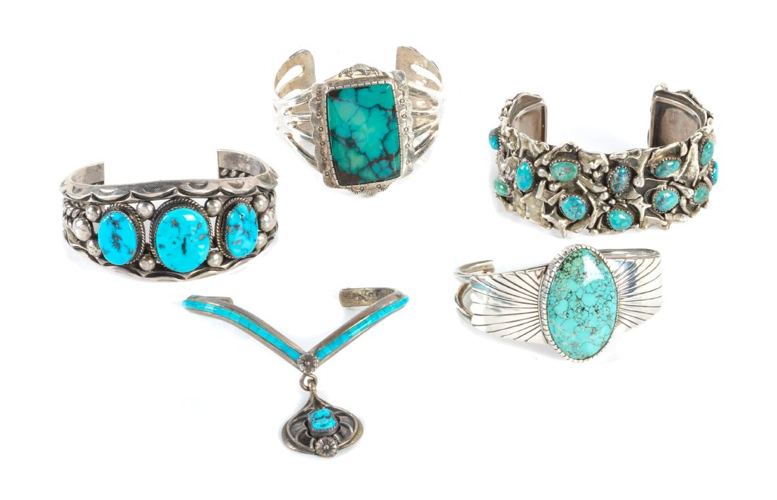 Five Southwestern Silver and Turquoise Cuff Bracelets (1 of 1)