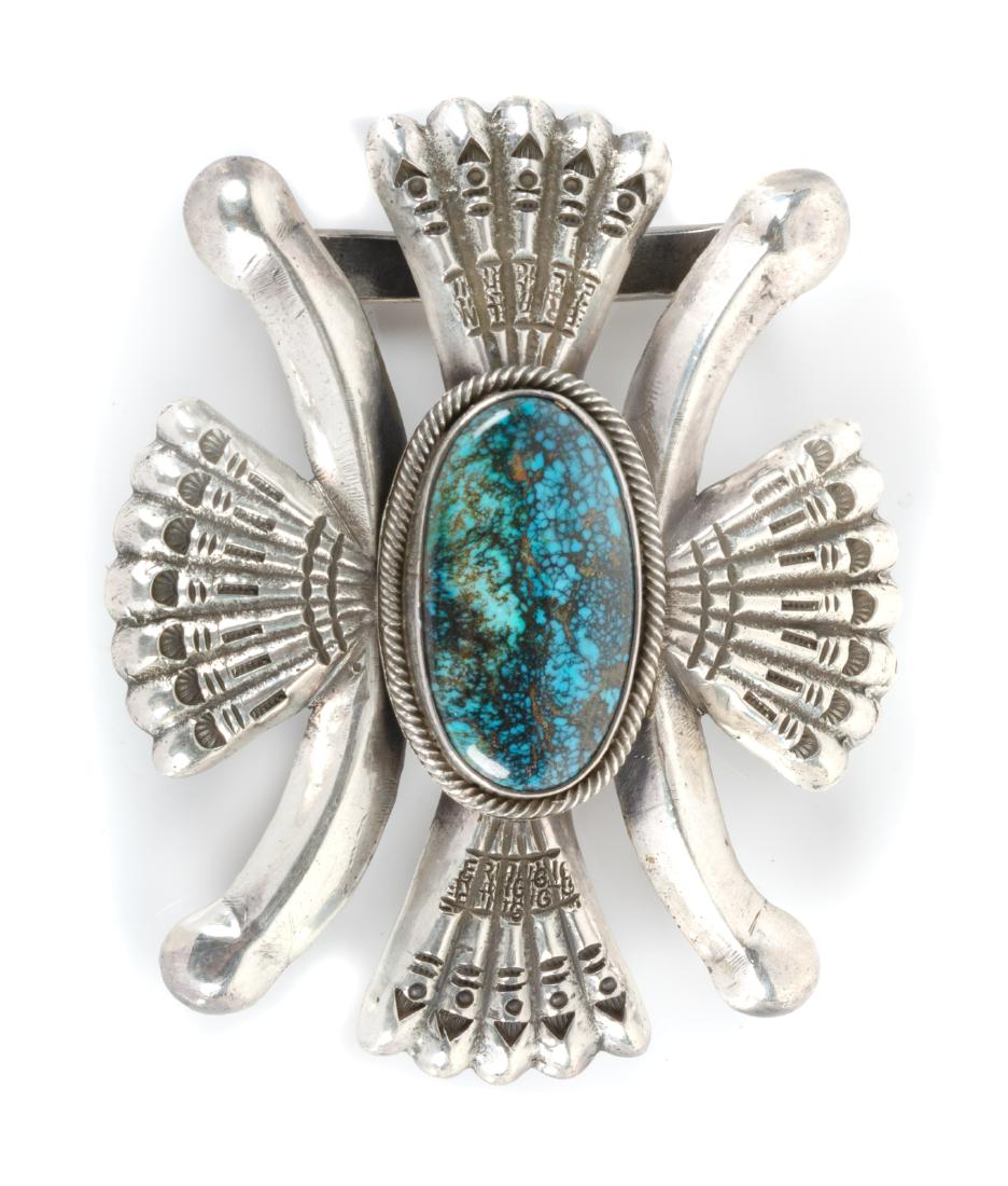 Southwestern Silver and Turquoise Belt Buckle Height 2: Southwestern Silver and Turquoise Belt Buckle Height 2 3/4 x 3 3/4 inches stamped IHM Sterling with the Monsterslayer shop hallmark