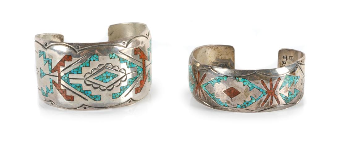 Two Southwestern Silver Chip Inlay Bracelet Length 5 (1 of 1)